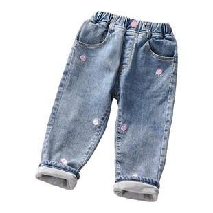 女童裤子加绒秋装新款冬季宝宝女孩秋冬儿童外穿童装牛仔裤冬装