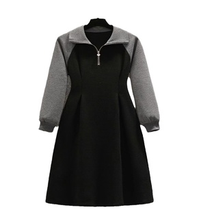 秋冬大码女装2025年新款拼色polo领胖妹妹设计感小众长短款连衣裙