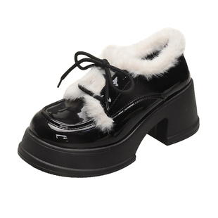 加绒厚底增高小皮鞋女2025冬季新款百搭英伦风粗跟毛口系带乐福鞋