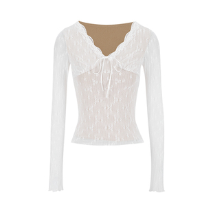 MosesQueen魔西女王加绒加厚蕾丝v领打底衫秋冬内搭修身长袖上衣