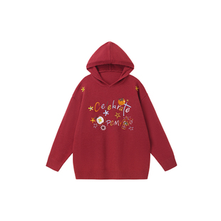 PCMY酒红色带帽刺绣宽松过年毛衣男女秋冬季过新年情侣针织衫上衣