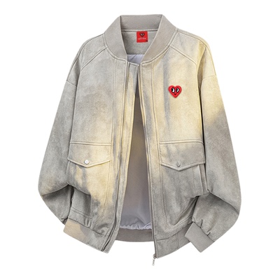 查尔斯桃心鹿皮绒复古夹克男女春秋季休闲美式机能飞行服情侣外套