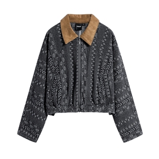 Desigual26春夏新品水洗牛仔提花蝙蝠袖花苞撞色PU领女式外套