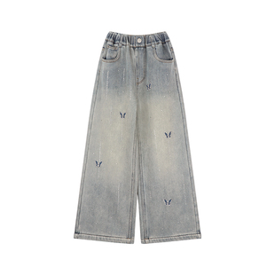 Amybaby女童裤子冬季2025新款加绒时尚蝴蝶结流光式钉钻牛仔裤