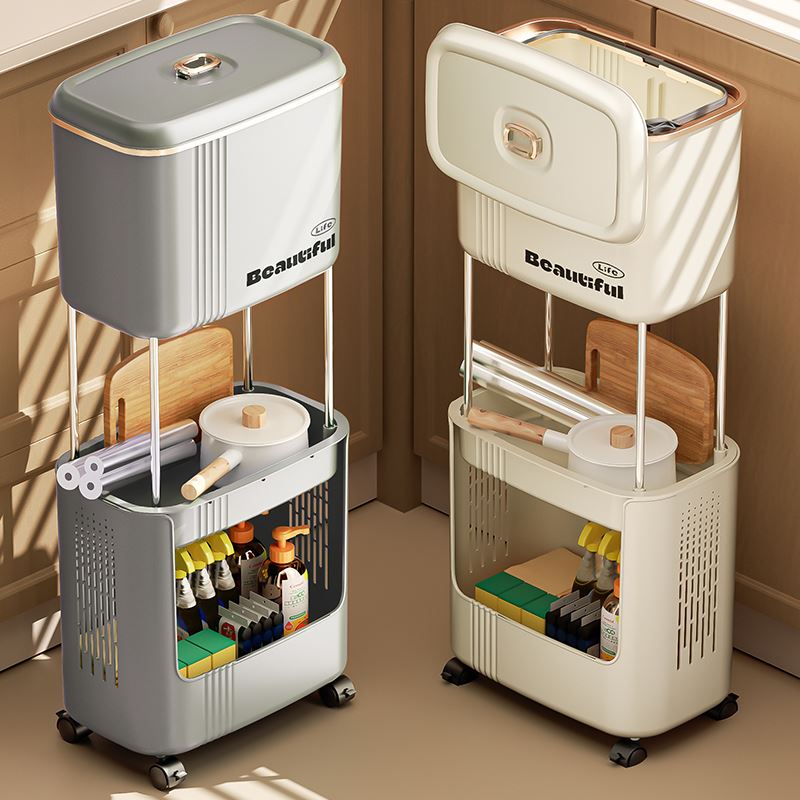 厨房垃圾桶家用带盖干湿分离免弯腰可移动带轮子厨余收纳桶置物架