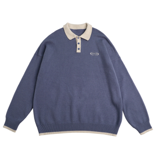 蒙马特先生 韩国复古撞色polo衫毛衣 秋冬男女款宽松翻领针织上衣