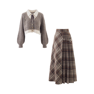 复古学院风两件套装女2026新款巨好看的假两件针织衫格纹半身裙子