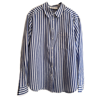 慵懒棉蓝白条纹翻领休闲宽松衬衫