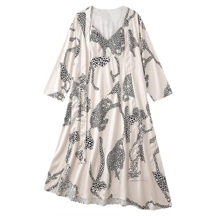 性感纯欲风真丝睡袍春秋季V领长款豹纹印花轻奢高级感两件套睡袍