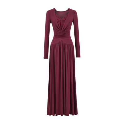 性感蕾丝拼接收腰连衣裙拖地长裙