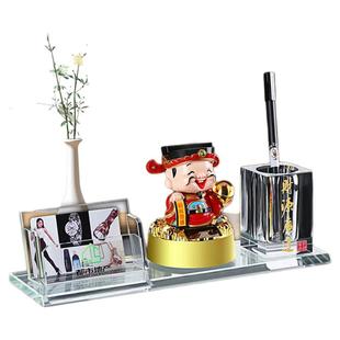 多功能一体式个性创意定制水晶笔筒名片盒三件套男女士商务高档办公摆件办公室收纳名片架笔筒大容量办公用品