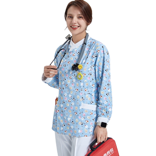 南欧鱼印花护士服女短袖工作服医护长袖分体套装高端美容院秋冬