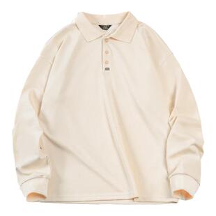 马登工装 美式复古基础款长袖polo衫纯色宽松百搭打底翻领T恤男春