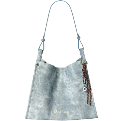 畹町牛仔纹hobo方包女士简约大容量单肩包复古时尚上课通勤托特包