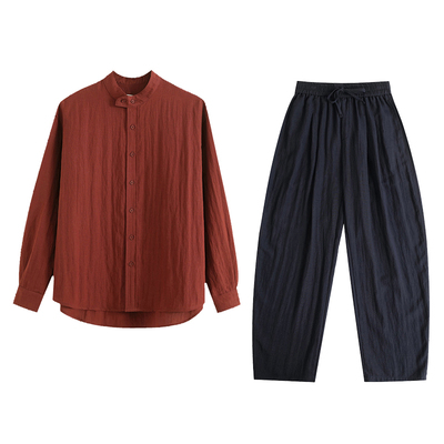 【李晨同款】PLUS CRASH老钱风极简高智套装休闲开衫衬衫+长裤