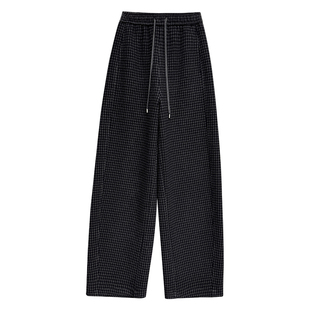 藏蓝色复古格子裤女春秋高腰宽松百搭高级感含羊毛混纺弯刀阔腿裤