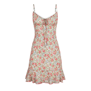 ITSNIKAR 法式蕾丝碎花连衣裙女春蝴蝶结性感吊带裙短款包臀裙子