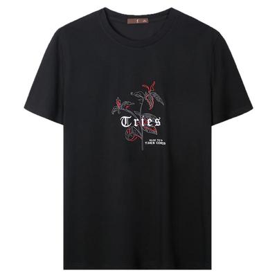 才子男装黑色短袖T恤男士2025夏季新款透气刺绣圆领休闲半袖体恤