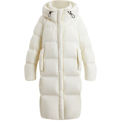 KBNE90白鸭绒奶油白长款羽绒服女2025冬季新款连帽抽绳过膝面包服