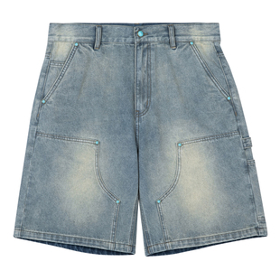 SANBAI 叁佰【绿松石铆钉短裤】男士休闲水洗伐木宽松五分牛仔裤