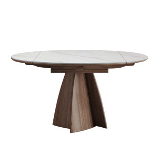 侘寂风实木伸缩餐桌圆形家用可折叠拉伸旋转意式北欧哑光岩板圆桌