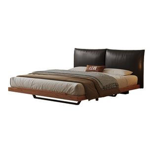 中古风悬浮床现代主卧大床白蜡木实木床1米8双人床真皮软包花瓣床