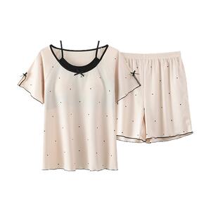 浪莎带胸垫睡衣女夏季冰丝短袖短裤休闲可外穿圆领宽松家居服套装
