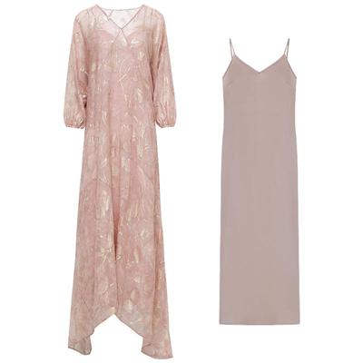 仙女风粉色真丝连衣裙2件套+腰带