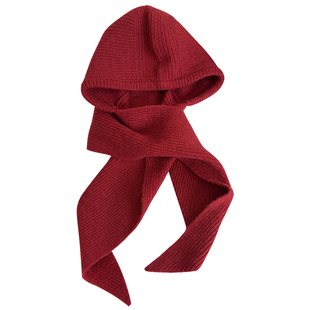 红色巴拉克拉法帽女秋冬季保暖毛线帽子围巾一体连帽围脖针织帽冬