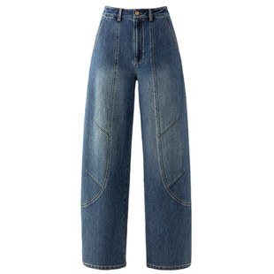 美式复古牛仔裤女今年流行款的裤子春秋高腰宽松阔腿裤时尚弯刀裤