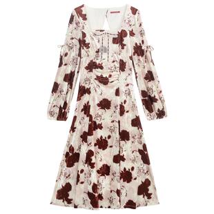 KEIKO 高级感珠光丝绒方领连衣裙2025秋季法式复古碎花收腰长裙子