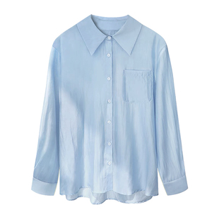 蓝色防晒衬衫女款2026新款春季薄款宽松慵懒风苎麻长袖衬衣上衣夏