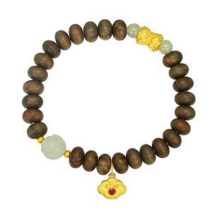 周大生腕美如意普陀系列黄金檀木手串如意莲莲足金手链新年礼物