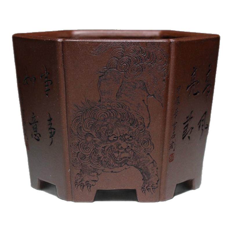 名家收藏宜兴紫砂花盆精品六方肖小根全手工制作原矿泥料菖蒲多肉