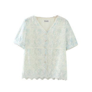 2026胖mm夏装女装镂空刺绣V领蕾丝边下摆不规则女衬衫大码上衣