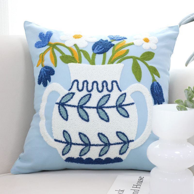 北欧简约方形刺绣花瓶抱靠垫客厅玫瑰枕套枕抱靠垫绣花卧室沙发