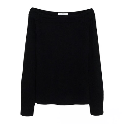 BeerBro 美式辣妹磨毛后背镂空带胸垫打底衫秋冬黑色一字肩针织衫