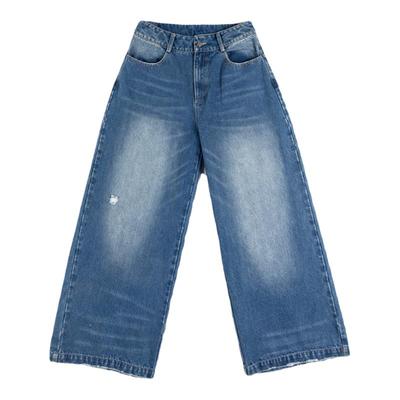 无性别基础款做旧磨边阔型牛仔裤