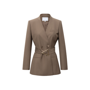 TieForHer深卡其古法金塔扣束腰修身显瘦职场通勤高智女西装上衣
