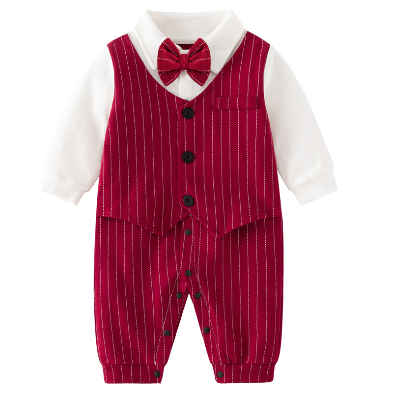 婴儿满月服百天日宴一周岁礼服男宝宝小少爷服纯棉连体衣春秋季装