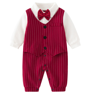 婴儿满月服百天日一周岁礼服男宝宝小少爷服夹棉保暖连体衣秋冬装