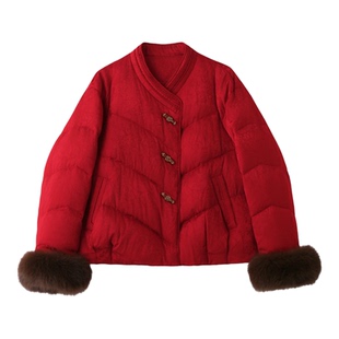新中式国风羽绒服女2025年冬装新款超好看短款红色狐狸毛保暖外套