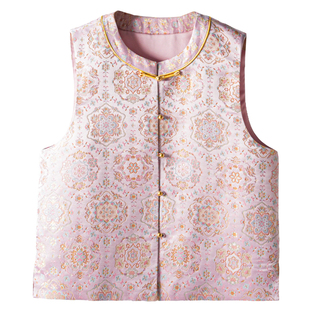 粉色宝相！宋锦桑蚕丝新中式对襟马甲外套真丝国风上衣开衫外搭秋