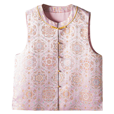 粉色宝相！宋锦桑蚕丝新中式对襟马甲外套真丝国风上衣开衫外搭秋