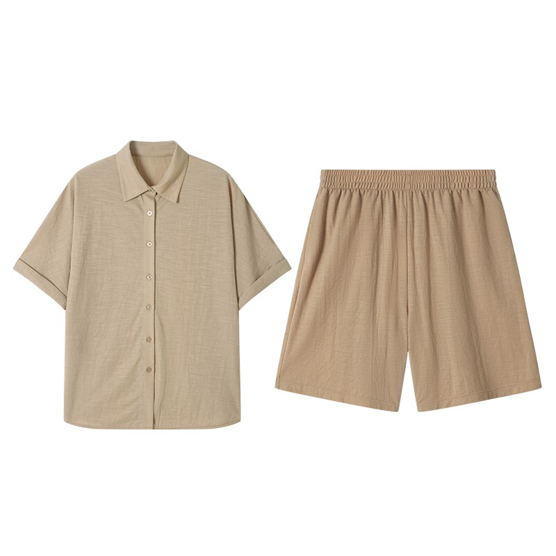 宜而爽2024女士家居服短袖短裤套装夏季翻领套装柔然宽松有弹性