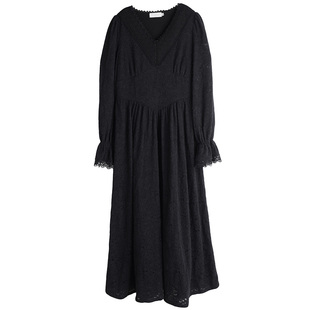 法式帝政风收腰V领加绒胖莹莹大码女装高级感复古蕾丝长款连衣裙