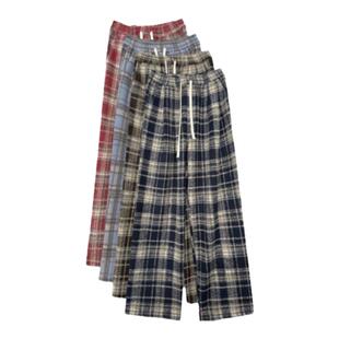 蓝色毛呢格子裤子女秋冬2025新款高腰垂感休闲拖地复古加绒阔腿裤