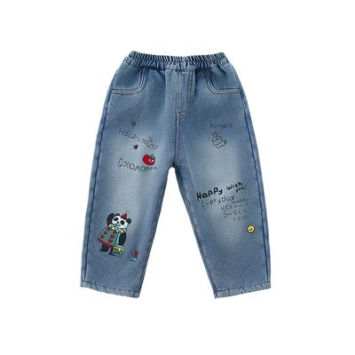 女宝宝冬装洋气熊猫加绒牛仔裤