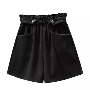 超大码花苞高腰毛呢短裤女秋冬季胖mm宽松显瘦松紧腰阔腿a字靴裤