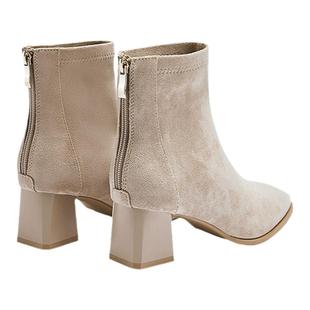 达芙妮高跟短靴女2025新款秋冬粗跟瘦瘦靴法式裸靴单靴绒面靴子女